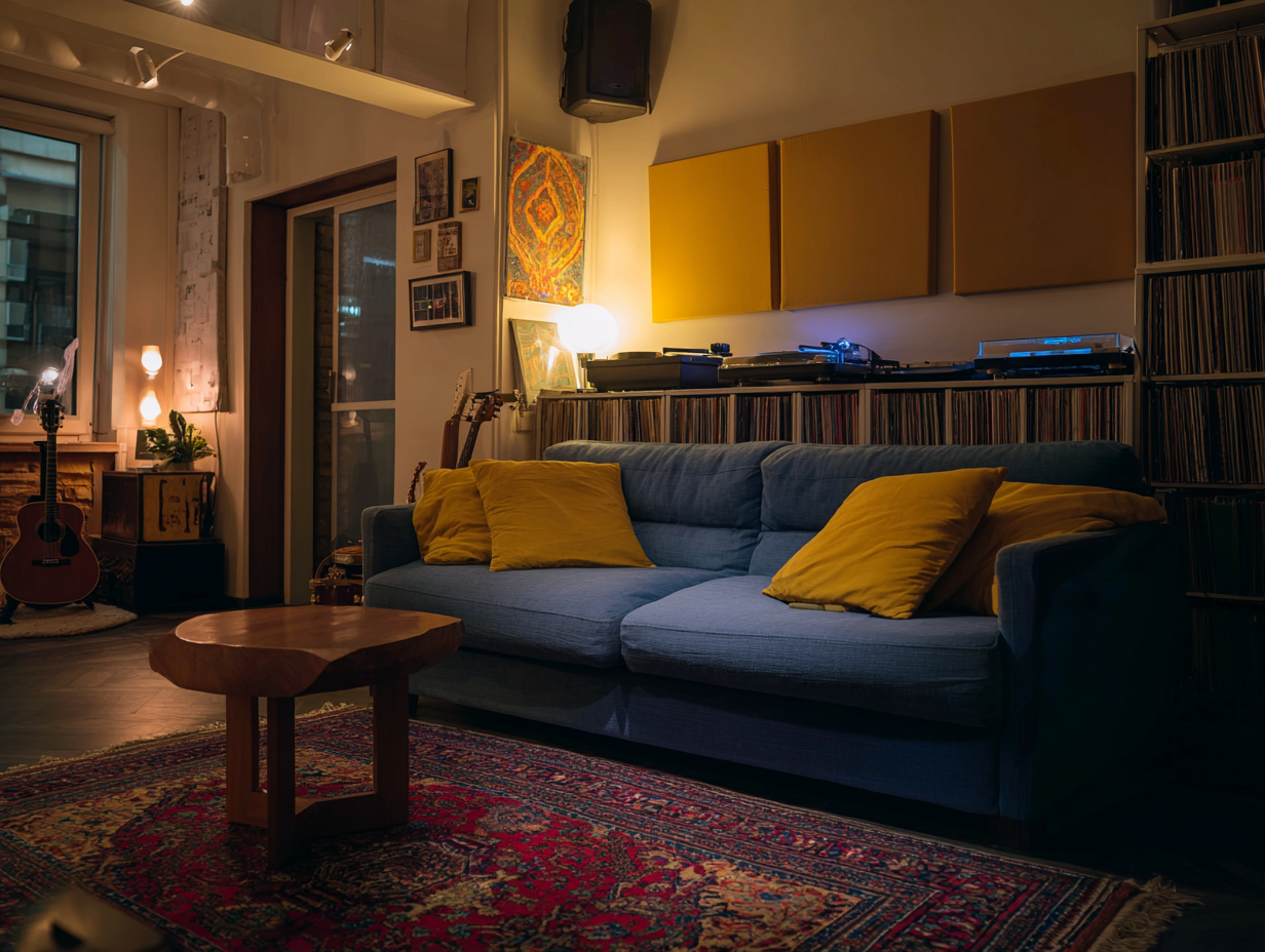 A cozy living room with acoustic panels installed on the wall